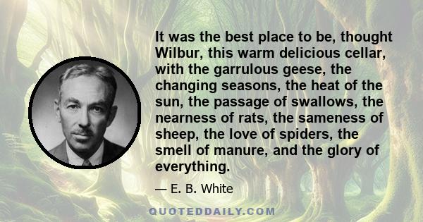 It was the best place to be, thought Wilbur, this warm delicious cellar, with the garrulous geese, the changing seasons, the heat of the sun, the passage of swallows, the nearness of rats, the sameness of sheep, the