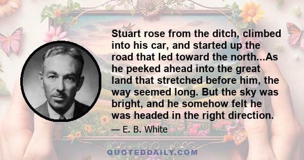 Stuart rose from the ditch, climbed into his car, and started up the road that led toward the north...As he peeked ahead into the great land that stretched before him, the way seemed long. But the sky was bright, and he 