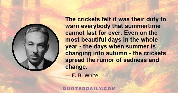 The crickets felt it was their duty to warn everybody that summertime cannot last for ever. Even on the most beautiful days in the whole year - the days when summer is changing into autumn - the crickets spread the