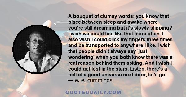 A bouquet of clumsy words: you know that place between sleep and awake where you're still dreaming but it's slowly slipping? I wish we could feel like that more often. I also wish I could click my fingers three times