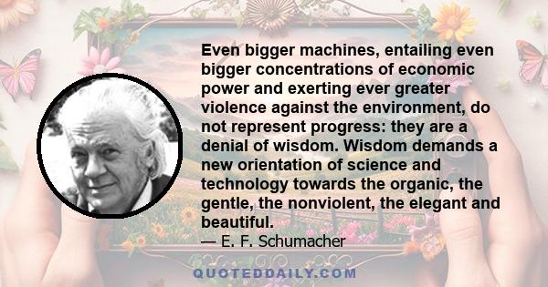 Even bigger machines, entailing even bigger concentrations of economic power and exerting ever greater violence against the environment, do not represent progress: they are a denial of wisdom. Wisdom demands a new