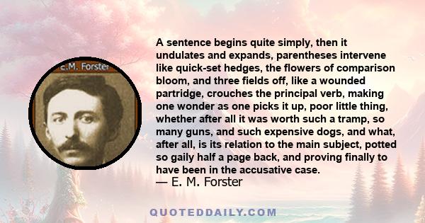 A sentence begins quite simply, then it undulates and expands, parentheses intervene like quick-set hedges, the flowers of comparison bloom, and three fields off, like a wounded partridge, crouches the principal verb,