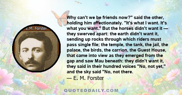 Why can't we be friends now? said the other, holding him affectionately. It's what I want. It's what you want. But the horses didn't want it — they swerved apart: the earth didn't want it, sending up rocks through which 