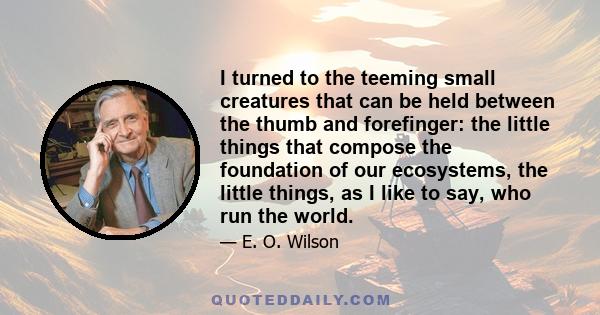 I turned to the teeming small creatures that can be held between the thumb and forefinger: the little things that compose the foundation of our ecosystems, the little things, as I like to say, who run the world.