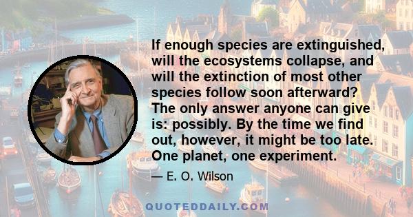 If enough species are extinguished, will the ecosystems collapse, and will the extinction of most other species follow soon afterward? The only answer anyone can give is: possibly. By the time we find out, however, it