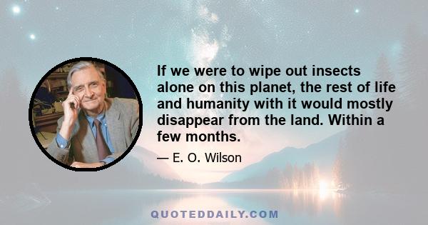 If we were to wipe out insects alone on this planet, the rest of life and humanity with it would mostly disappear from the land. Within a few months.