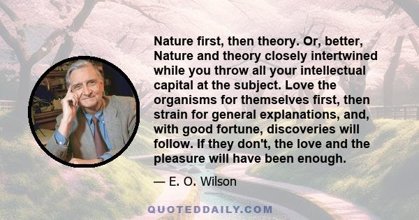 Nature first, then theory. Or, better, Nature and theory closely intertwined while you throw all your intellectual capital at the subject. Love the organisms for themselves first, then strain for general explanations,