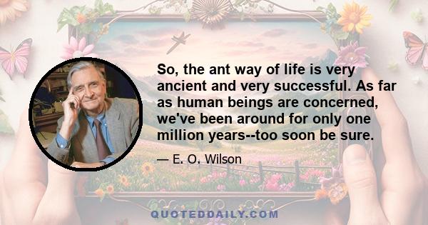 So, the ant way of life is very ancient and very successful. As far as human beings are concerned, we've been around for only one million years--too soon be sure.