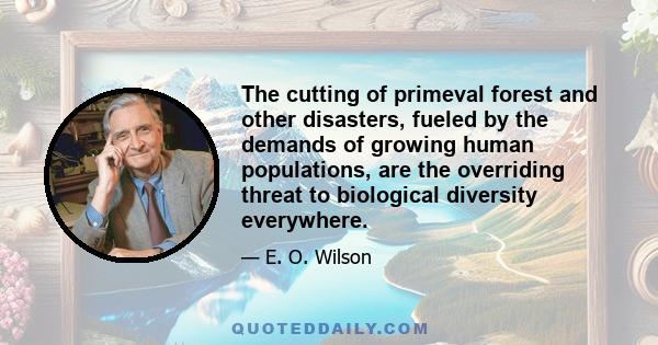 The cutting of primeval forest and other disasters, fueled by the demands of growing human populations, are the overriding threat to biological diversity everywhere.