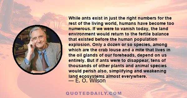 While ants exist in just the right numbers for the rest of the living world, humans have become too numerous. If we were to vanish today, the land environment would return to the fertile balance that existed before the