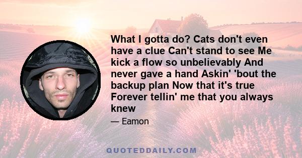 What I gotta do? Cats don't even have a clue Can't stand to see Me kick a flow so unbelievably And never gave a hand Askin' 'bout the backup plan Now that it's true Forever tellin' me that you always knew