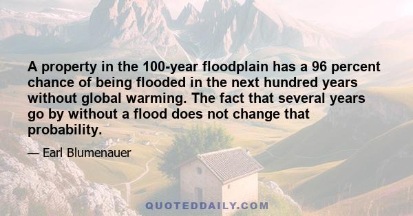 A property in the 100-year floodplain has a 96 percent chance of being flooded in the next hundred years without global warming. The fact that several years go by without a flood does not change that probability.