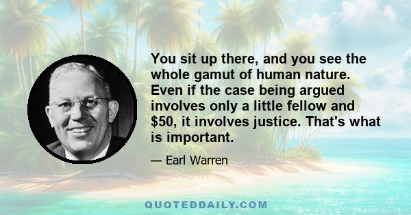 You sit up there, and you see the whole gamut of human nature. Even if the case being argued involves only a little fellow and $50, it involves justice. That's what is important.