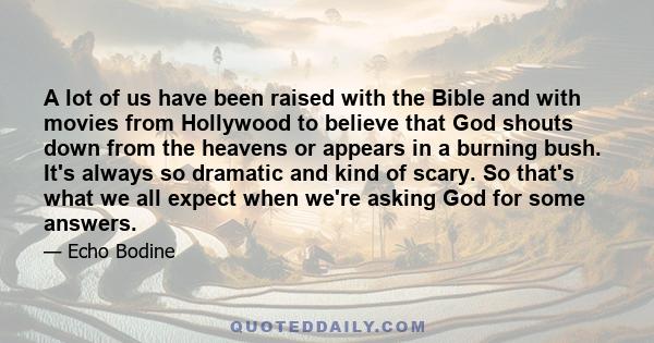 A lot of us have been raised with the Bible and with movies from Hollywood to believe that God shouts down from the heavens or appears in a burning bush. It's always so dramatic and kind of scary. So that's what we all