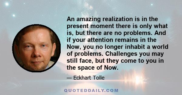 An amazing realization is in the present moment there is only what is, but there are no problems. And if your attention remains in the Now, you no longer inhabit a world of problems. Challenges you may still face, but