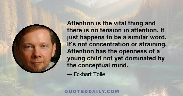 Attention is the vital thing and there is no tension in attention. It just happens to be a similar word. It's not concentration or straining. Attention has the openness of a young child not yet dominated by the