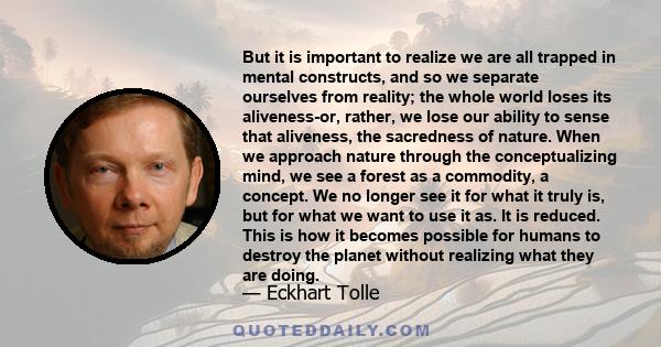 But it is important to realize we are all trapped in mental constructs, and so we separate ourselves from reality; the whole world loses its aliveness-or, rather, we lose our ability to sense that aliveness, the