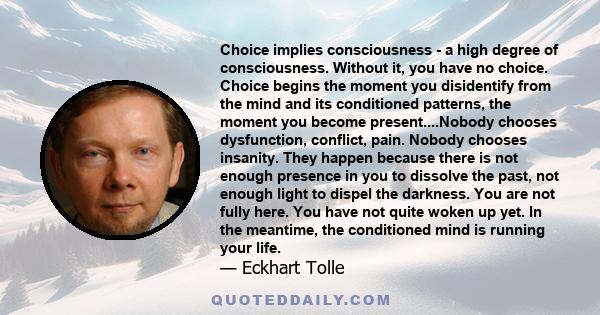 Choice implies consciousness - a high degree of consciousness. Without it, you have no choice. Choice begins the moment you disidentify from the mind and its conditioned patterns, the moment you become present....Nobody 