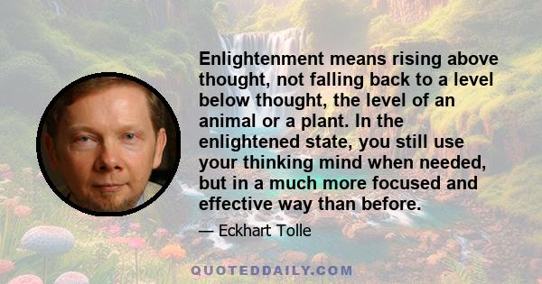 Enlightenment means rising above thought, not falling back to a level below thought, the level of an animal or a plant. In the enlightened state, you still use your thinking mind when needed, but in a much more focused