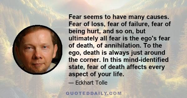 Fear seems to have many causes. Fear of loss, fear of failure, fear of being hurt, and so on, but ultimately all fear is the ego's fear of death, of annihilation. To the ego, death is always just around the corner. In