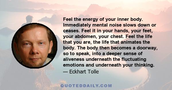 Feel the energy of your inner body. Immediately mental noise slows down or ceases. Feel it in your hands, your feet, your abdomen, your chest. Feel the life that you are, the life that animates the body. The body then