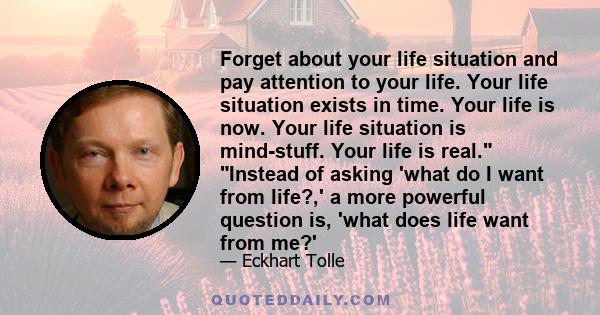 Forget about your life situation and pay attention to your life. Your life situation exists in time. Your life is now. Your life situation is mind-stuff. Your life is real. Instead of asking 'what do I want from life?,' 