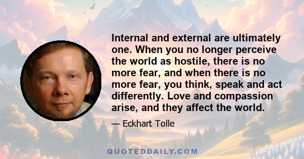 Internal and external are ultimately one. When you no longer perceive the world as hostile, there is no more fear, and when there is no more fear, you think, speak and act differently. Love and compassion arise, and