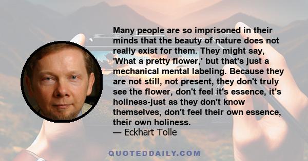 Many people are so imprisoned in their minds that the beauty of nature does not really exist for them. They might say, 'What a pretty flower,' but that's just a mechanical mental labeling. Because they are not still,