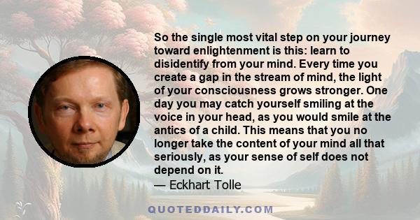 So the single most vital step on your journey toward enlightenment is this: learn to disidentify from your mind. Every time you create a gap in the stream of mind, the light of your consciousness grows stronger. One day 