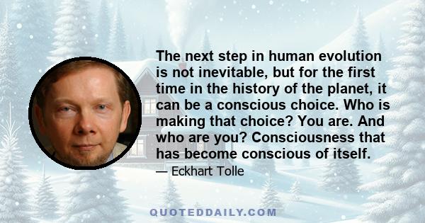 The next step in human evolution is not inevitable, but for the first time in the history of the planet, it can be a conscious choice. Who is making that choice? You are. And who are you? Consciousness that has become