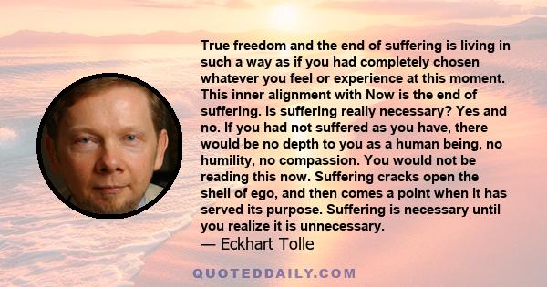 True freedom and the end of suffering is living in such a way as if you had completely chosen whatever you feel or experience at this moment. This inner alignment with Now is the end of suffering. Is suffering really