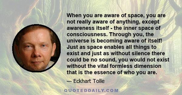 When you are aware of space, you are not really aware of anything, except awareness itself - the inner space of consciousness. Through you, the universe is becoming aware of itself! Just as space enables all things to