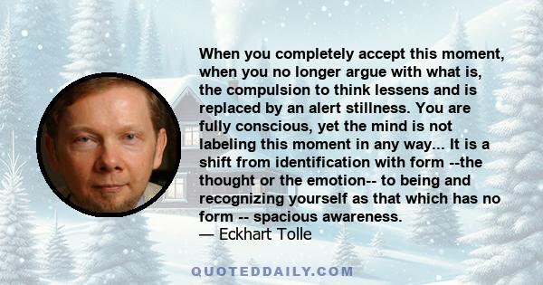 When you completely accept this moment, when you no longer argue with what is, the compulsion to think lessens and is replaced by an alert stillness. You are fully conscious, yet the mind is not labeling this moment in