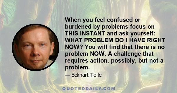 When you feel confused or burdened by problems focus on THIS INSTANT and ask yourself: WHAT PROBLEM DO I HAVE RIGHT NOW? You will find that there is no problem NOW. A challenge that requires action, possibly, but not a