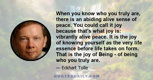 When you know who you truly are, there is an abiding alive sense of peace. You could call it joy because that's what joy is: vibrantly alive peace. It is the joy of knowing yourself as the very life essence before life