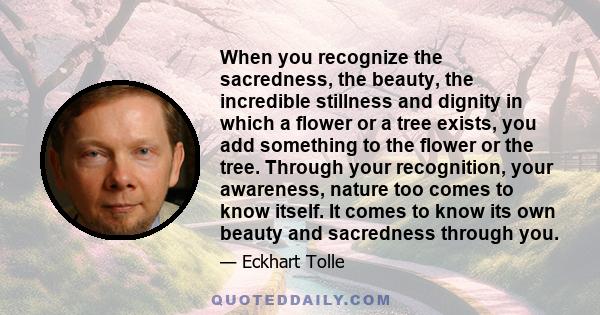 When you recognize the sacredness, the beauty, the incredible stillness and dignity in which a flower or a tree exists, you add something to the flower or the tree. Through your recognition, your awareness, nature too