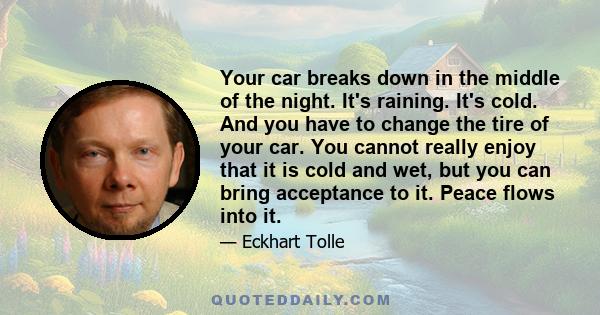 Your car breaks down in the middle of the night. It's raining. It's cold. And you have to change the tire of your car. You cannot really enjoy that it is cold and wet, but you can bring acceptance to it. Peace flows