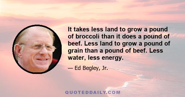 It takes less land to grow a pound of broccoli than it does a pound of beef. Less land to grow a pound of grain than a pound of beef. Less water, less energy.