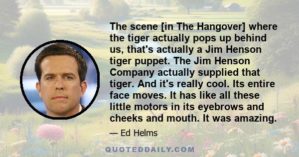 The scene [in The Hangover] where the tiger actually pops up behind us, that's actually a Jim Henson tiger puppet. The Jim Henson Company actually supplied that tiger. And it's really cool. Its entire face moves. It has 