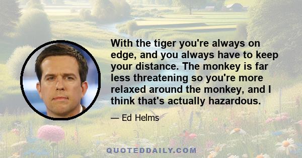 With the tiger you're always on edge, and you always have to keep your distance. The monkey is far less threatening so you're more relaxed around the monkey, and I think that's actually hazardous.