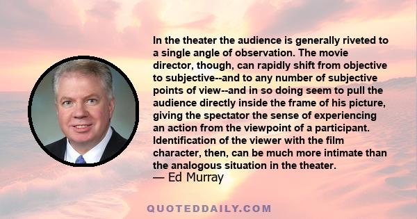 In the theater the audience is generally riveted to a single angle of observation. The movie director, though, can rapidly shift from objective to subjective--and to any number of subjective points of view--and in so