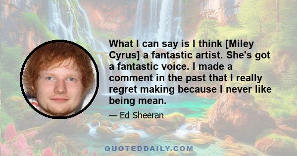 What I can say is I think [Miley Cyrus] a fantastic artist. She's got a fantastic voice. I made a comment in the past that I really regret making because I never like being mean.