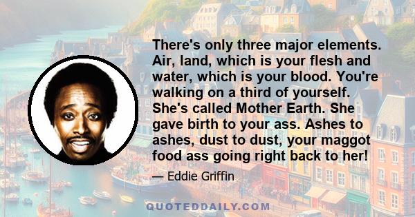 There's only three major elements. Air, land, which is your flesh and water, which is your blood. You're walking on a third of yourself. She's called Mother Earth. She gave birth to your ass. Ashes to ashes, dust to