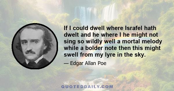 If I could dwell where Israfel hath dwelt and he where I he might not sing so wildly well a mortal melody while a bolder note then this might swell from my lyre in the sky.