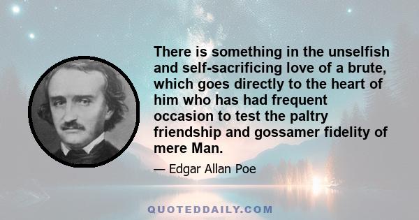 There is something in the unselfish and self-sacrificing love of a brute, which goes directly to the heart of him who has had frequent occasion to test the paltry friendship and gossamer fidelity of mere Man.