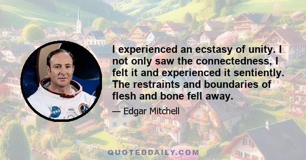 I experienced an ecstasy of unity. I not only saw the connectedness, I felt it and experienced it sentiently. The restraints and boundaries of flesh and bone fell away.