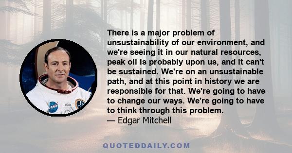 There is a major problem of unsustainability of our environment, and we're seeing it in our natural resources, peak oil is probably upon us, and it can't be sustained. We're on an unsustainable path, and at this point