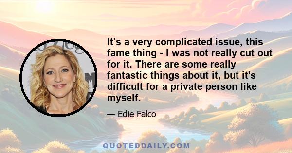 It's a very complicated issue, this fame thing - I was not really cut out for it. There are some really fantastic things about it, but it's difficult for a private person like myself.