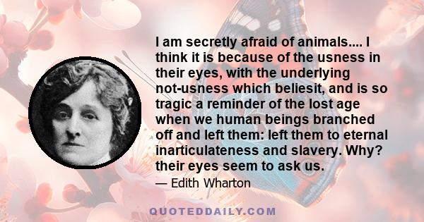 I am secretly afraid of animals.... I think it is because of the usness in their eyes, with the underlying not-usness which beliesit, and is so tragic a reminder of the lost age when we human beings branched off and