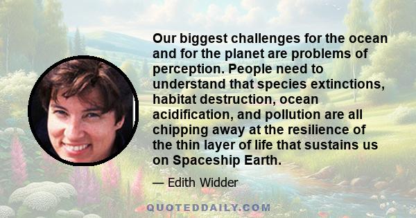 Our biggest challenges for the ocean and for the planet are problems of perception. People need to understand that species extinctions, habitat destruction, ocean acidification, and pollution are all chipping away at